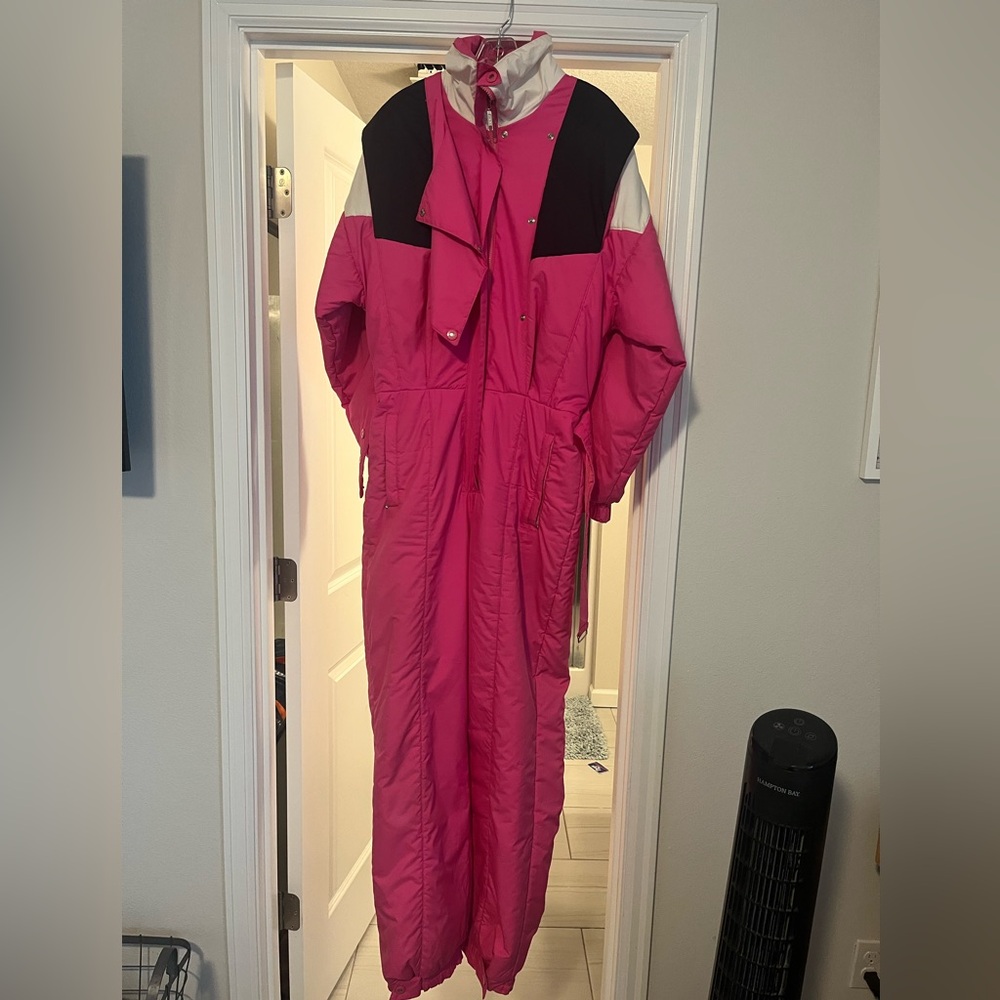 Vintage Black Bear Pink and Black Hooded Snowsuit
